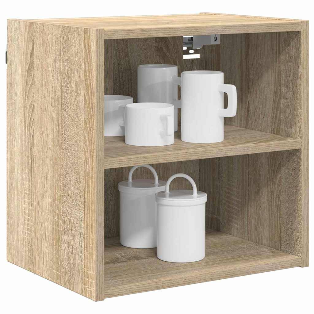 Eine Holzlagerkiste mit zwei Regalbrettern enthält vier weiße Becher und zwei weiße Behälter.