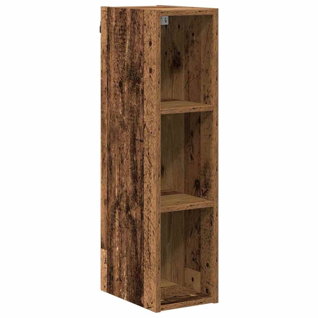 Ein hölzernes, offenes Bücherregal mit drei Regalböden und rustikaler Erscheinung steht aufrecht und zeigt sichtbare Holzmaserungen und Astlöcher.