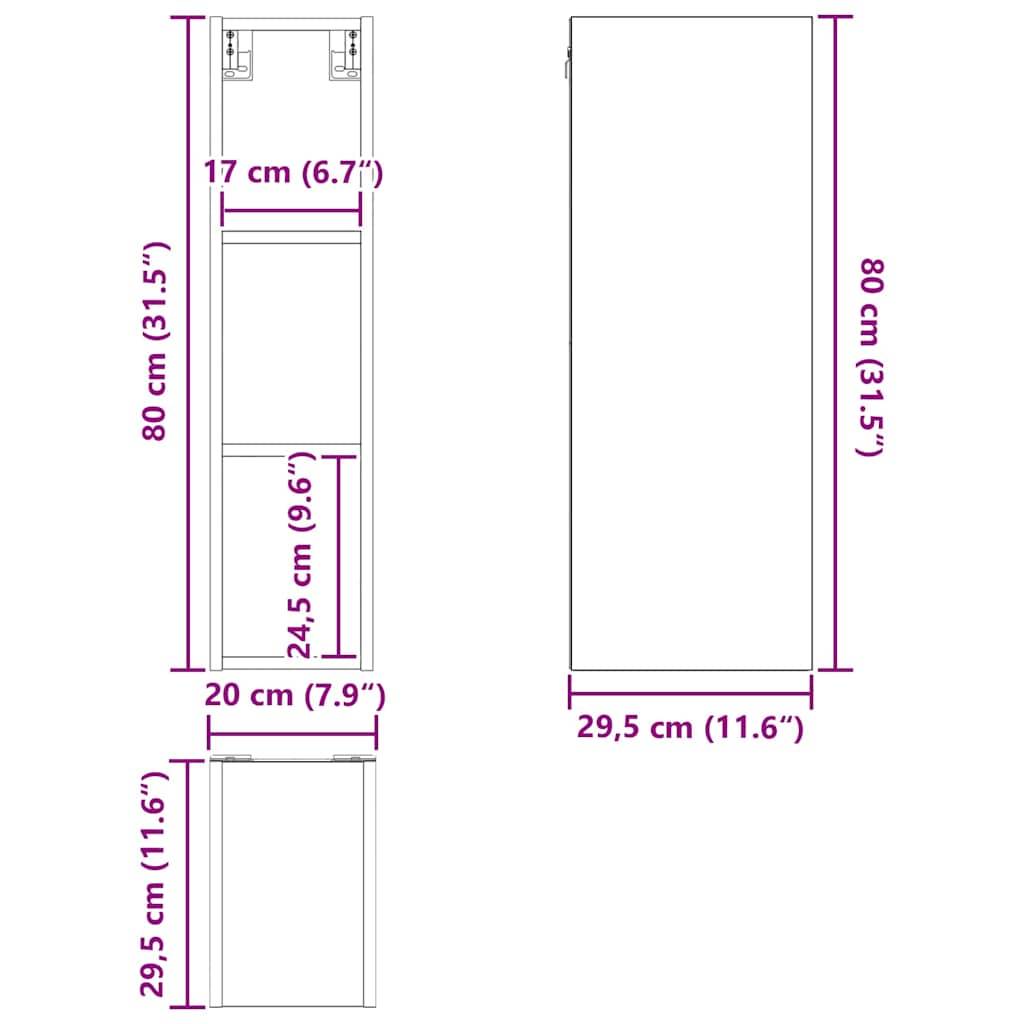 Schrank-Schemazeichnung. Vorderansicht: 80 cm hoch, 17 cm breit. Seitenansicht: 29,5 cm tief. Details umfassen Türen und Regale.