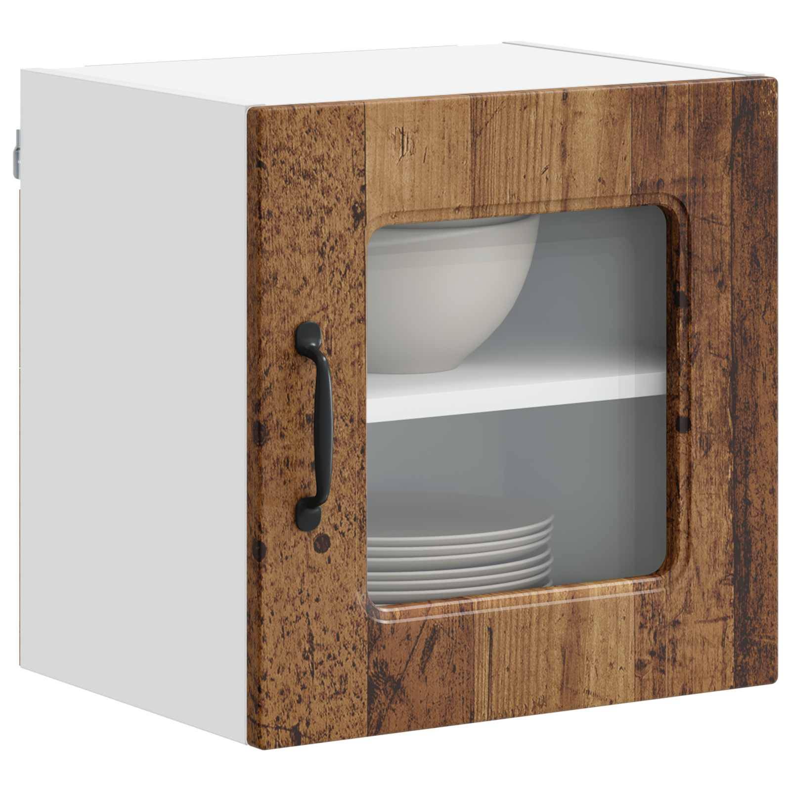 Ein kleiner Wandschrank mit einer einzelnen Holztür mit Glasfront und Metallgriff. Im Inneren befinden sich weiße Schüsseln und Teller auf zwei Regalen.
