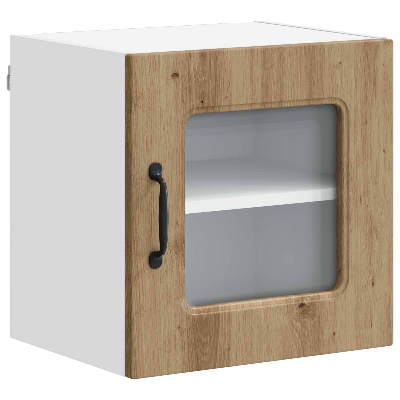 Wandschrank aus Holz mit glastransparenter Tür und schwarzem Griff, wobei das leere Innere mit Regalen sichtbar ist.