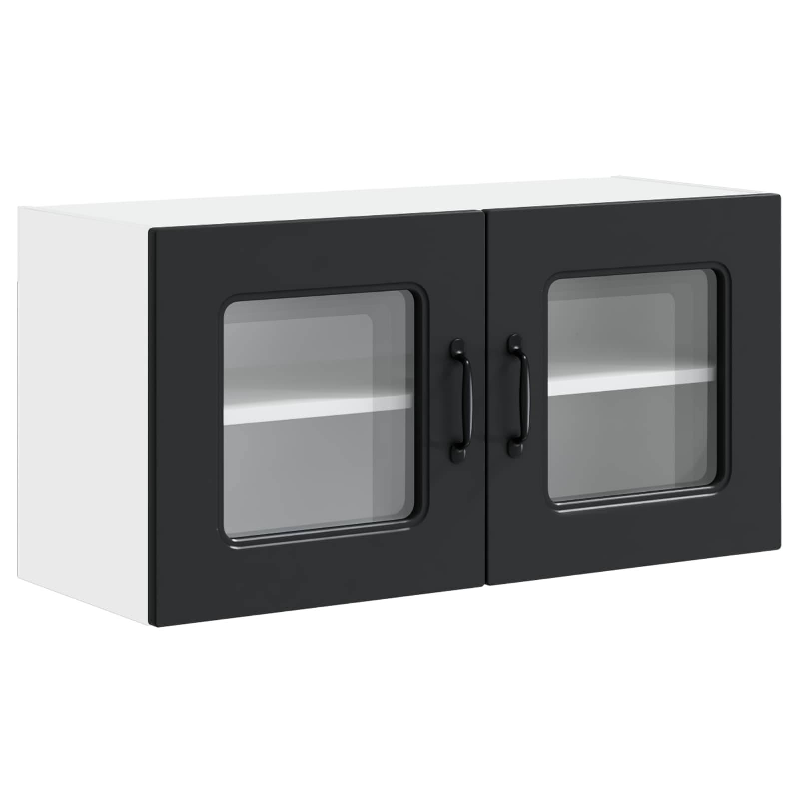 Schwarzes Wandschrank mit Doppeltür, kleinen Fensterfeldern und vertikalen Griffen auf weißem Hintergrund.