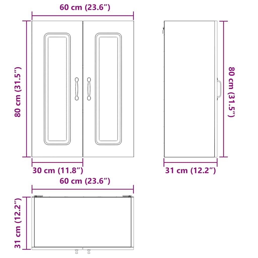 Schematische Darstellung eines Wandschranks mit Maßangaben: 60 cm breit, 80 cm hoch, 30 cm tief. Enthält Vorder-, Seiten- und Draufsicht mit beschrifteten Abmessungen.