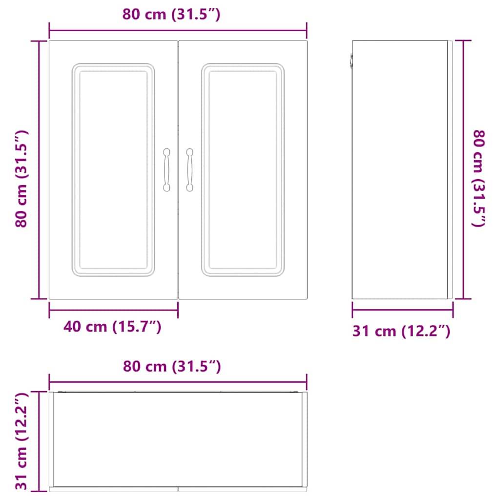 Abmessungen eines Schranks: 80 cm (31,5 Zoll) in Höhe, 80 cm (31,5 Zoll) in Breite und 31 cm (12,2 Zoll) in Tiefe. Front-, Seiten- und Draufsicht dargestellt.
