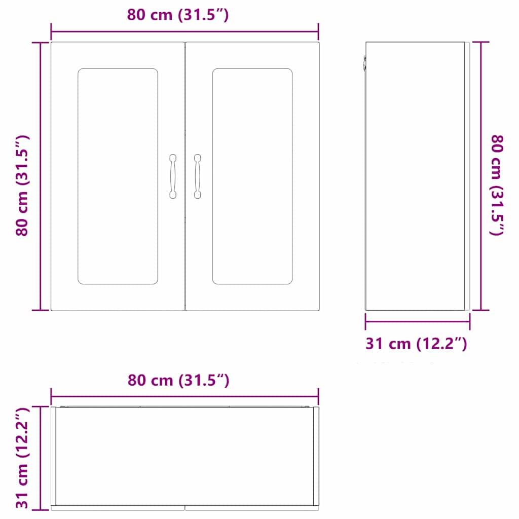 Front-, Seiten- und Draufsicht eines Schranks mit Abmessungen: 80 cm (31,5