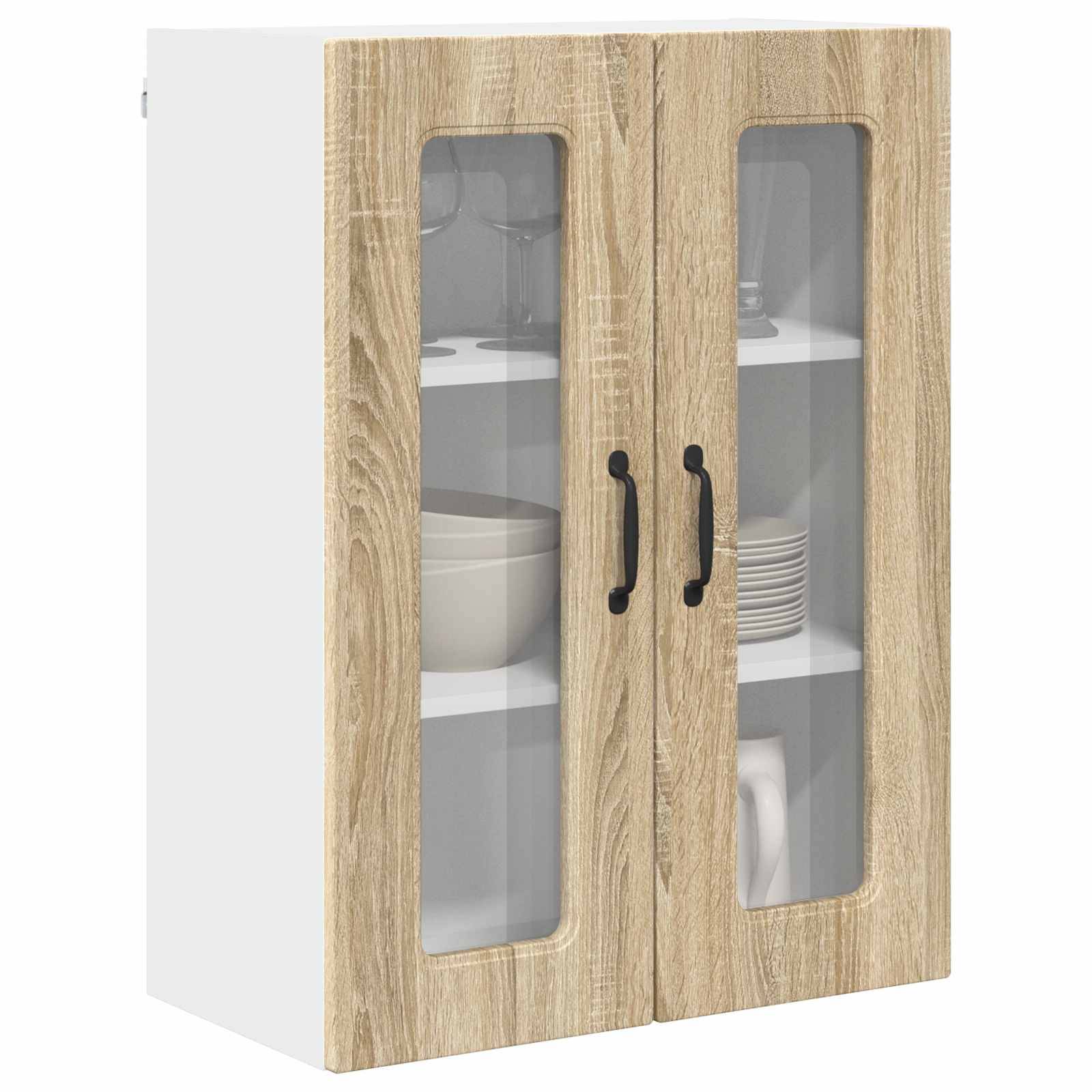Ein Küchenschrank mit zwei Glastüren, die Regale im Inneren enthüllen und auf denen Geschirr und eine Schüssel zu sehen sind. Der Rahmen weist eine Holzstruktur auf.