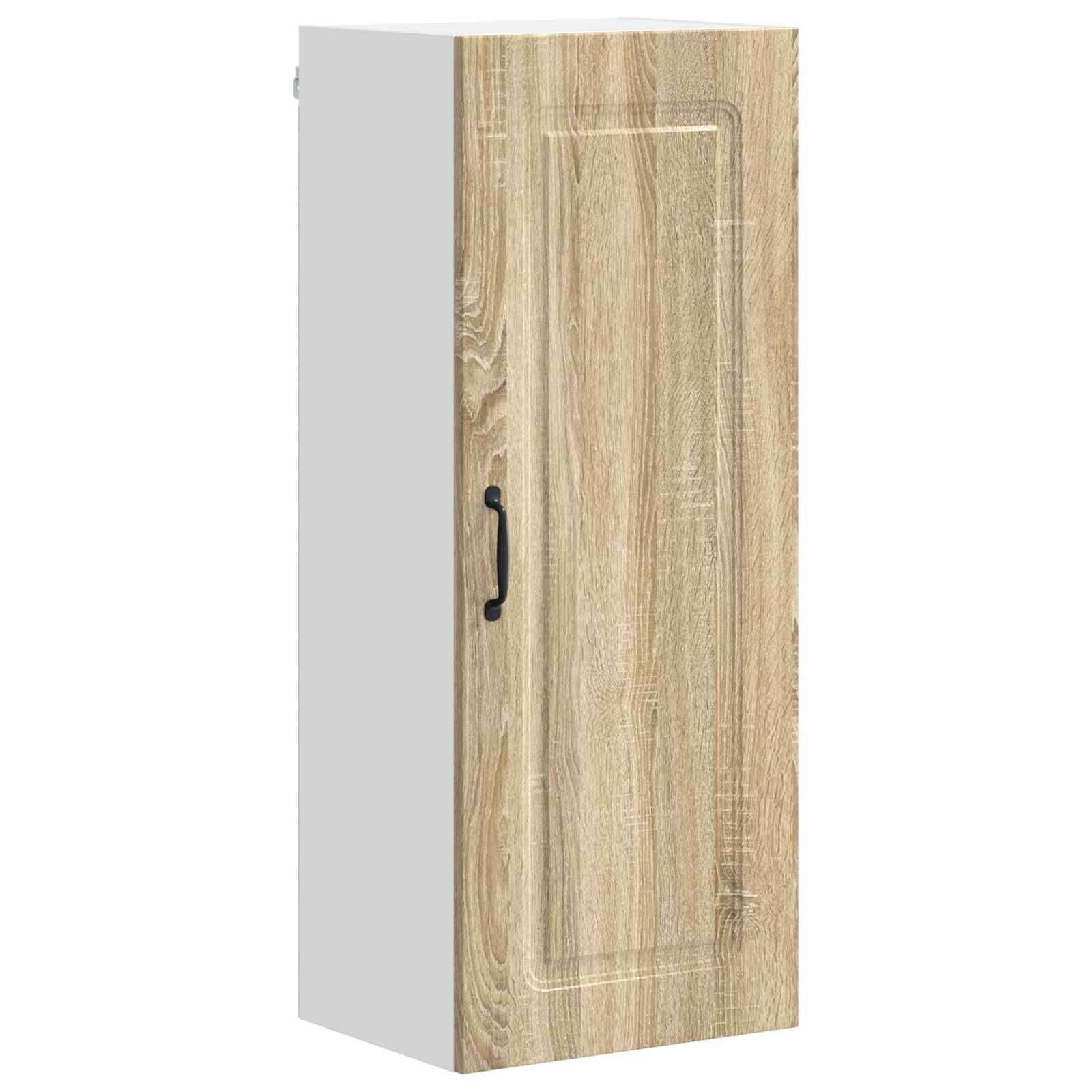 Hohes Holzmaserung-Schrank mit schwarzem Griff und einer Tür, gezeigt in einer einfachen produktstil-Ansicht auf weißem Hintergrund.