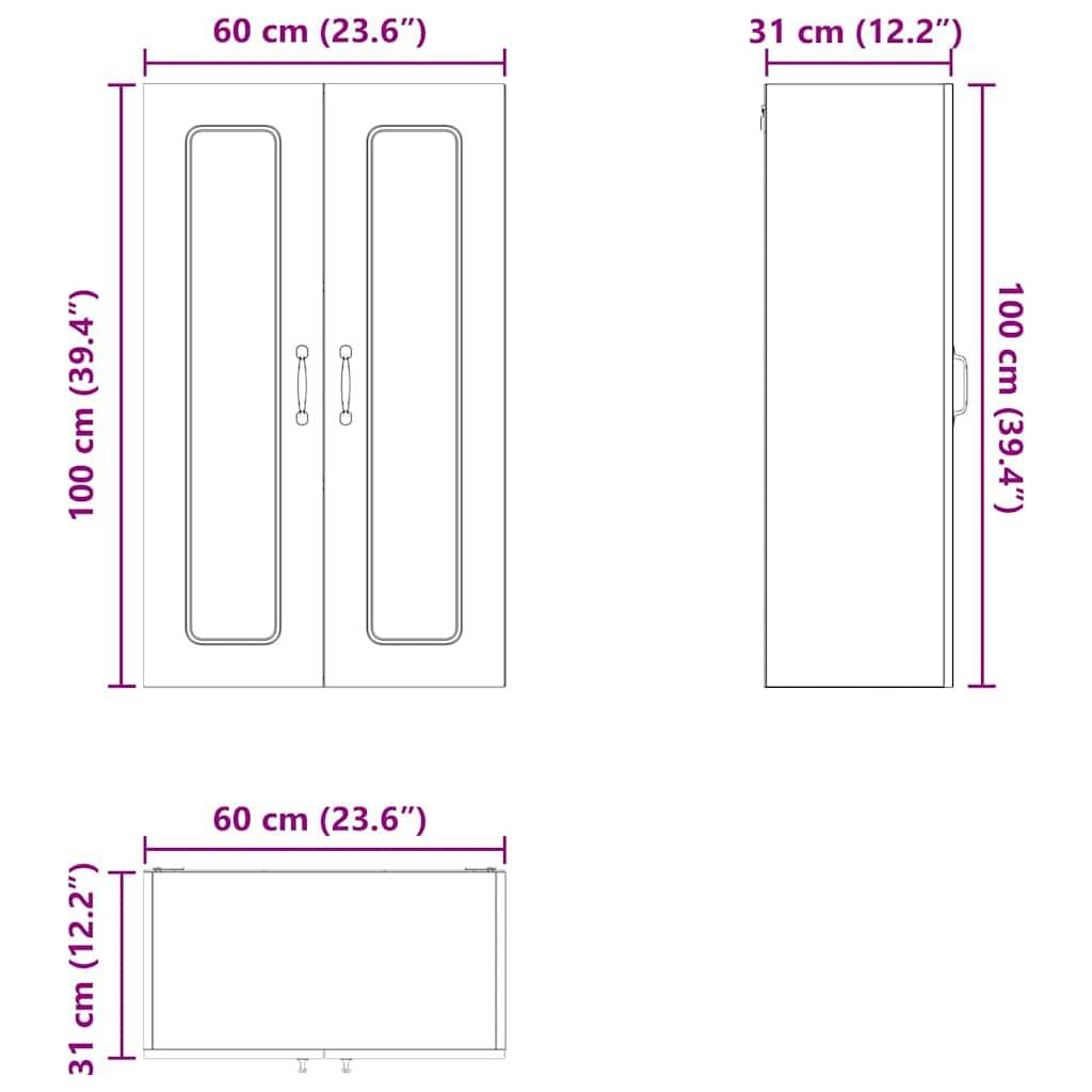 Abmessungen eines Schranks: 100 cm (Höhe) x 60 cm (Breite) x 31 cm (Tiefe), mit zwei Türen und Griffdetails.