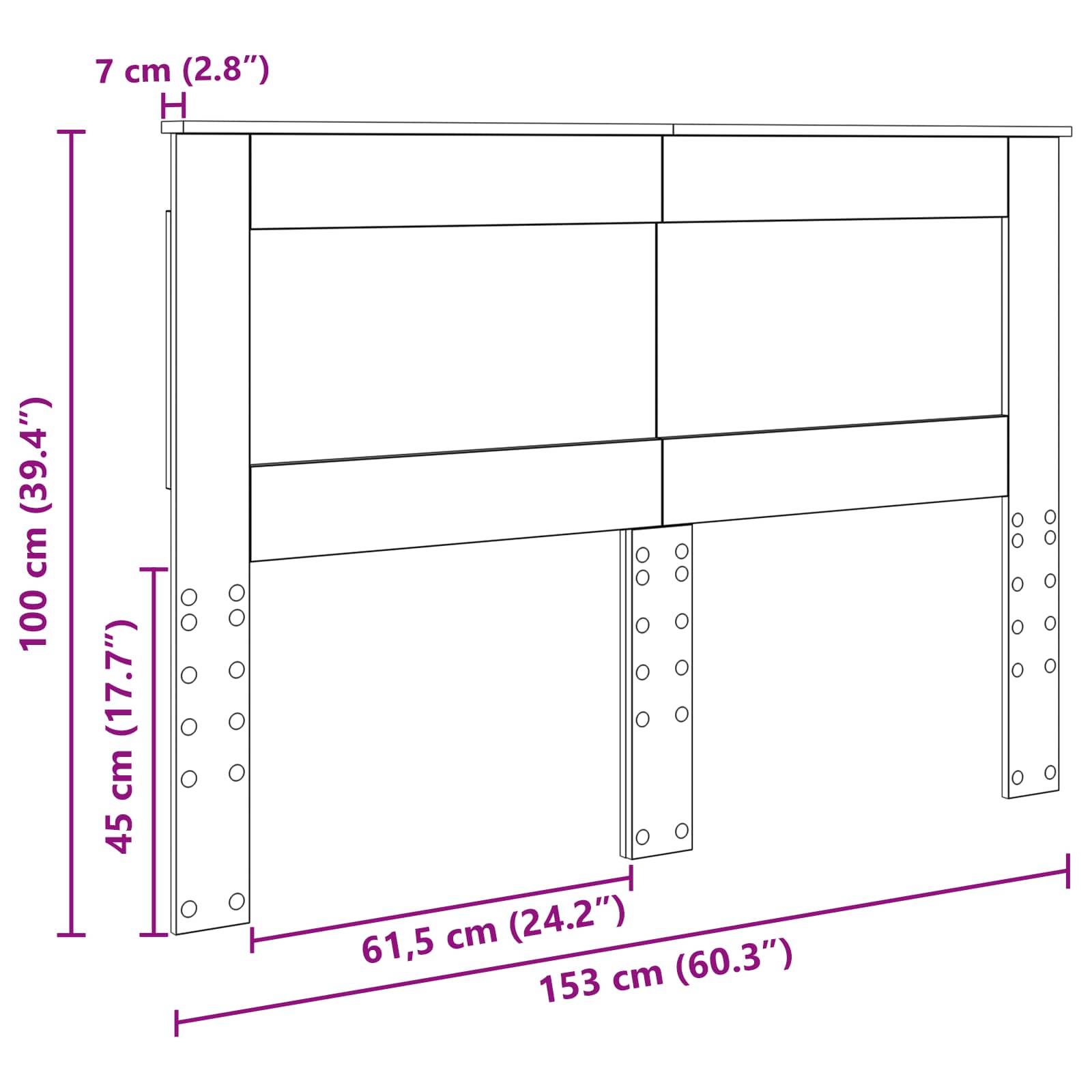 Kopfbrettdiagramm mit Abmessungen: 153 cm (Breite), 100 cm (Höhe), verstellbare Beinhöhen 45 cm und 61,5 cm, obere Tiefe 7 cm.