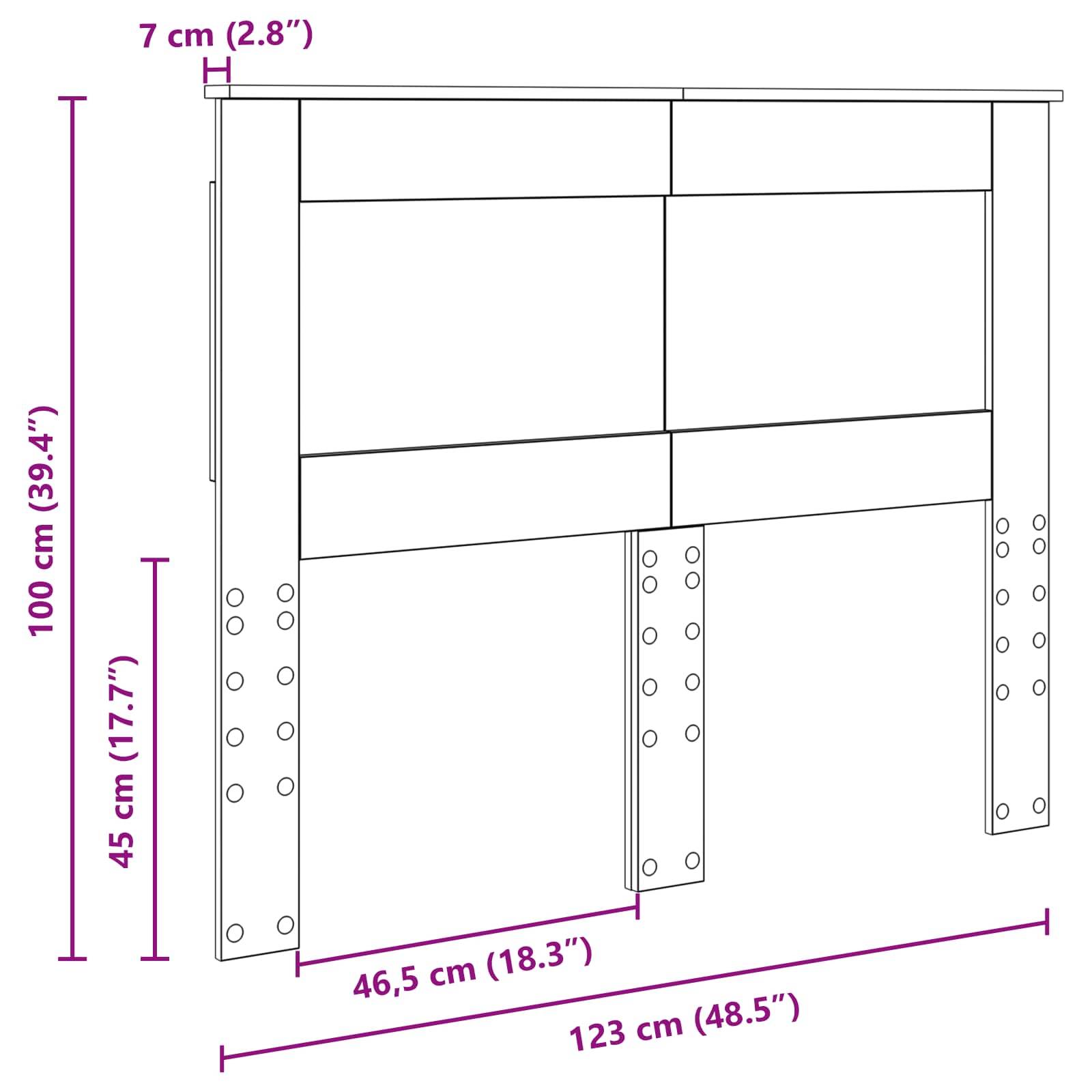 Ein Diagramm eines Kopfteils mit Abmessungen: Höhe 100 cm, Breite 123 cm und verstellbare Tiefe von 7 cm. Gekennzeichnete Schnittthöhen von 45 cm und 46,5 cm.