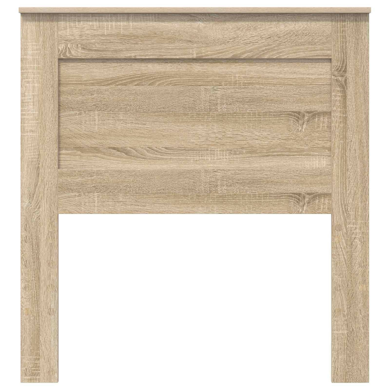 Ein Kopfteil aus hellem Holz mit Maserung und rechteckigem Paneeldesign, mit glatter Oberkante und vertikalen Seitenstützen.