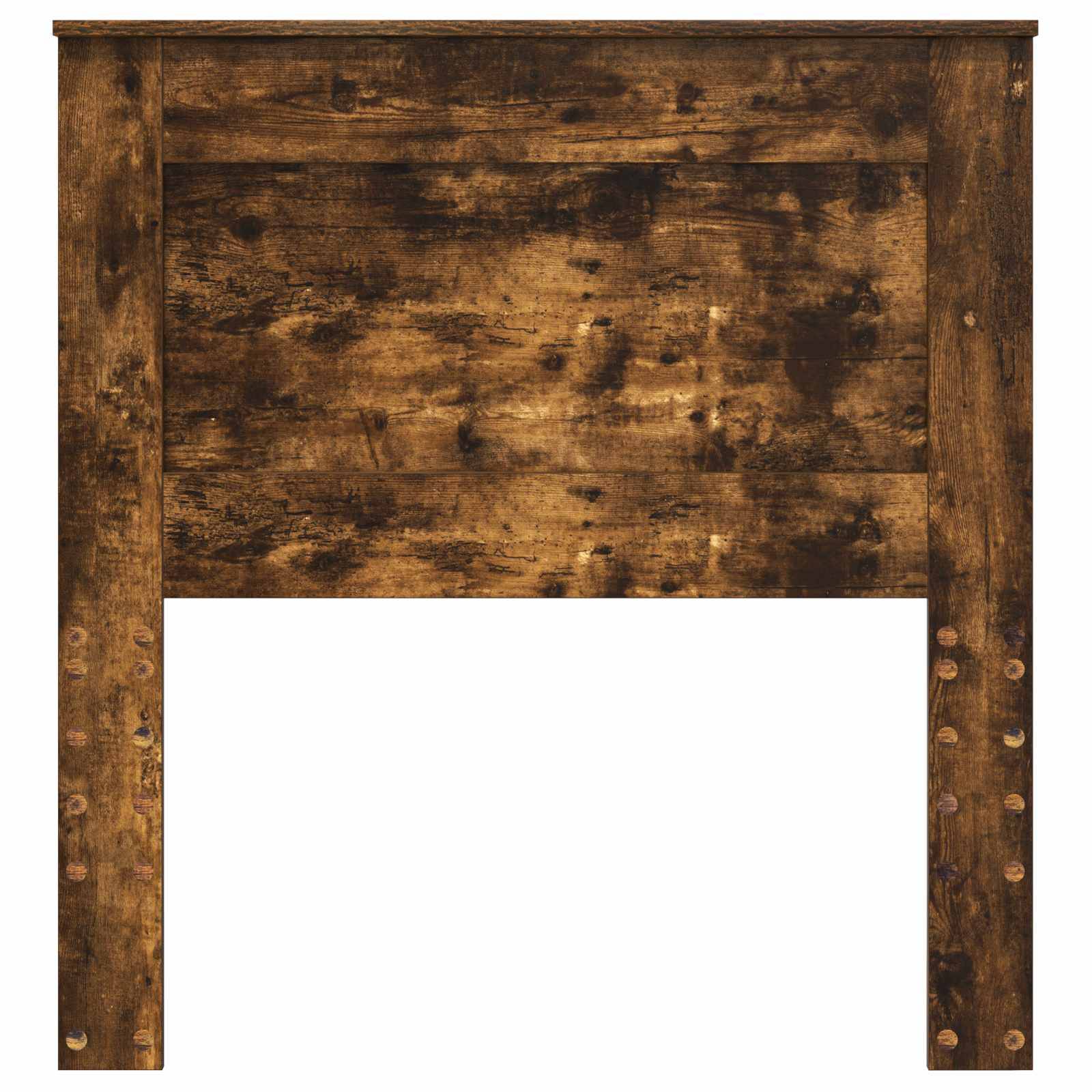 Ein rustikales Holzkopfteil mit abgelöstem Finish, bestehend aus einem rechteckigen Panel, das von zwei vertikalen Beinen gestützt wird.