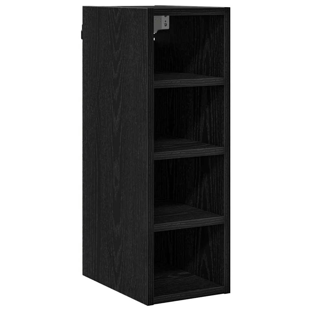 Ein hoher, schmaler schwarzer Bücherregal mit vier offenen Regalen, aufrecht stehend.