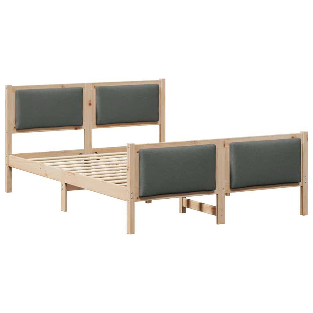 Zwillings-Holzbettgestell mit zwei grauen gepolsterten Paneelen sowohl am Kopf- als auch am Fußende, das ein minimalistisches Design präsentiert.