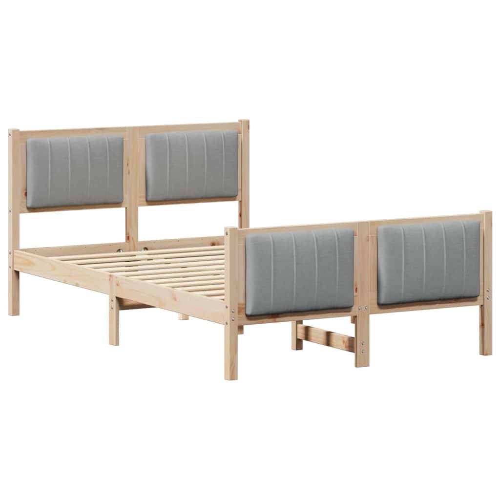 Holzbettgestell mit hellgrauen gepolsterten Kopf- und Fußteilen; ohne Matratze; modernes Design.