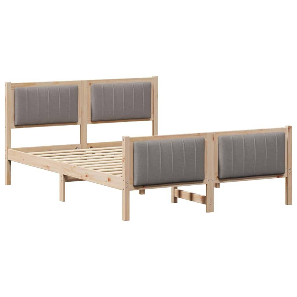 Ein Holzbettgestell mit einer hellen Beschichtung, das gepolsterte graue Kopf- und Fußteile aufweist und ein schlichtes, modernes Design präsentiert.