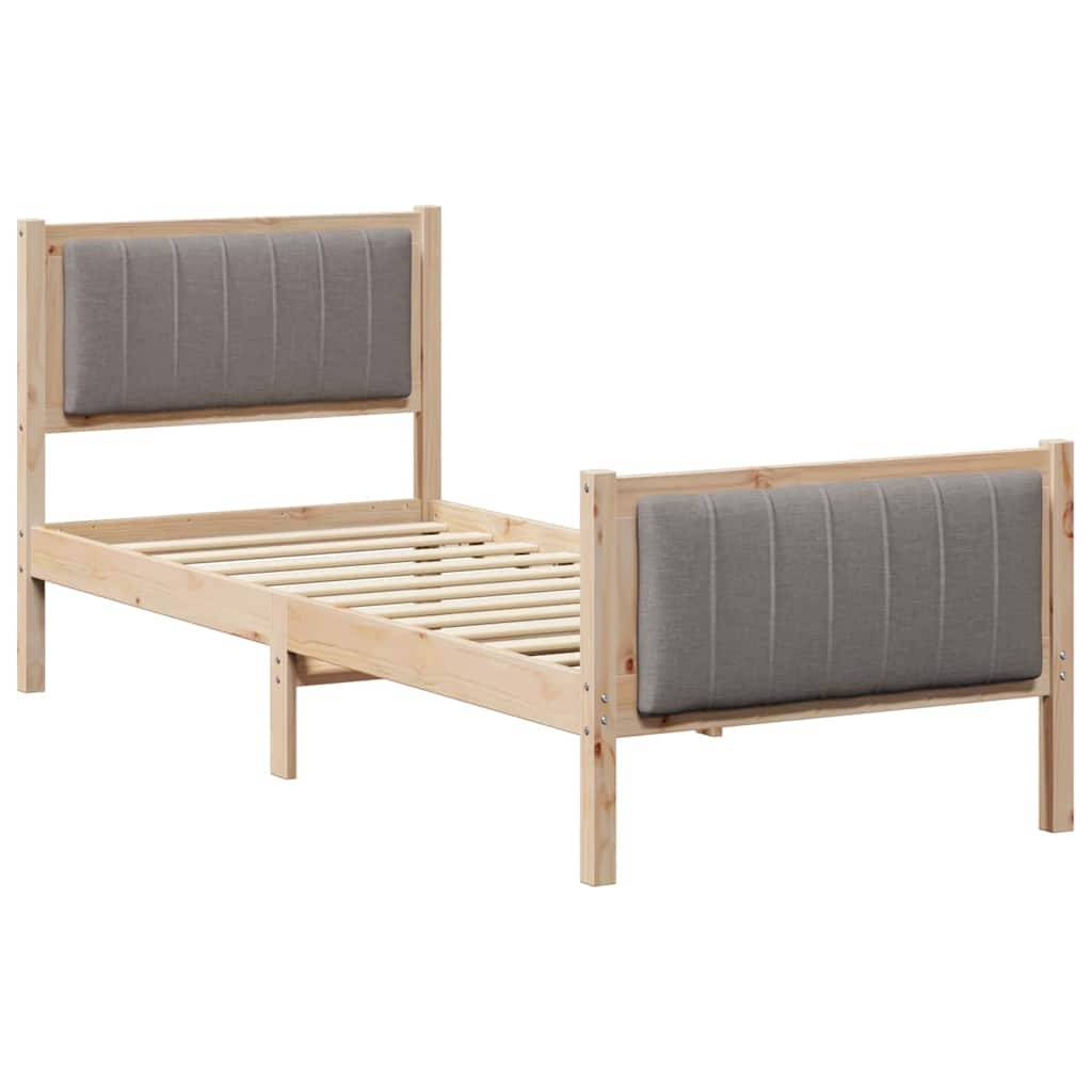 Ein Holz-Einzelbettgestell mit heller Holzoberfläche, ausgestattet mit gepolstertem grauem Kopf- und Fußteil.