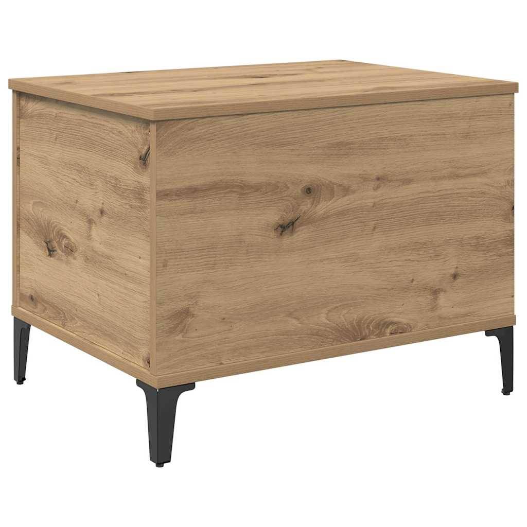 Holzkiste mit flachem Deckel und schwarzen Metallbeinen, dargestellt auf weißem Hintergrund.