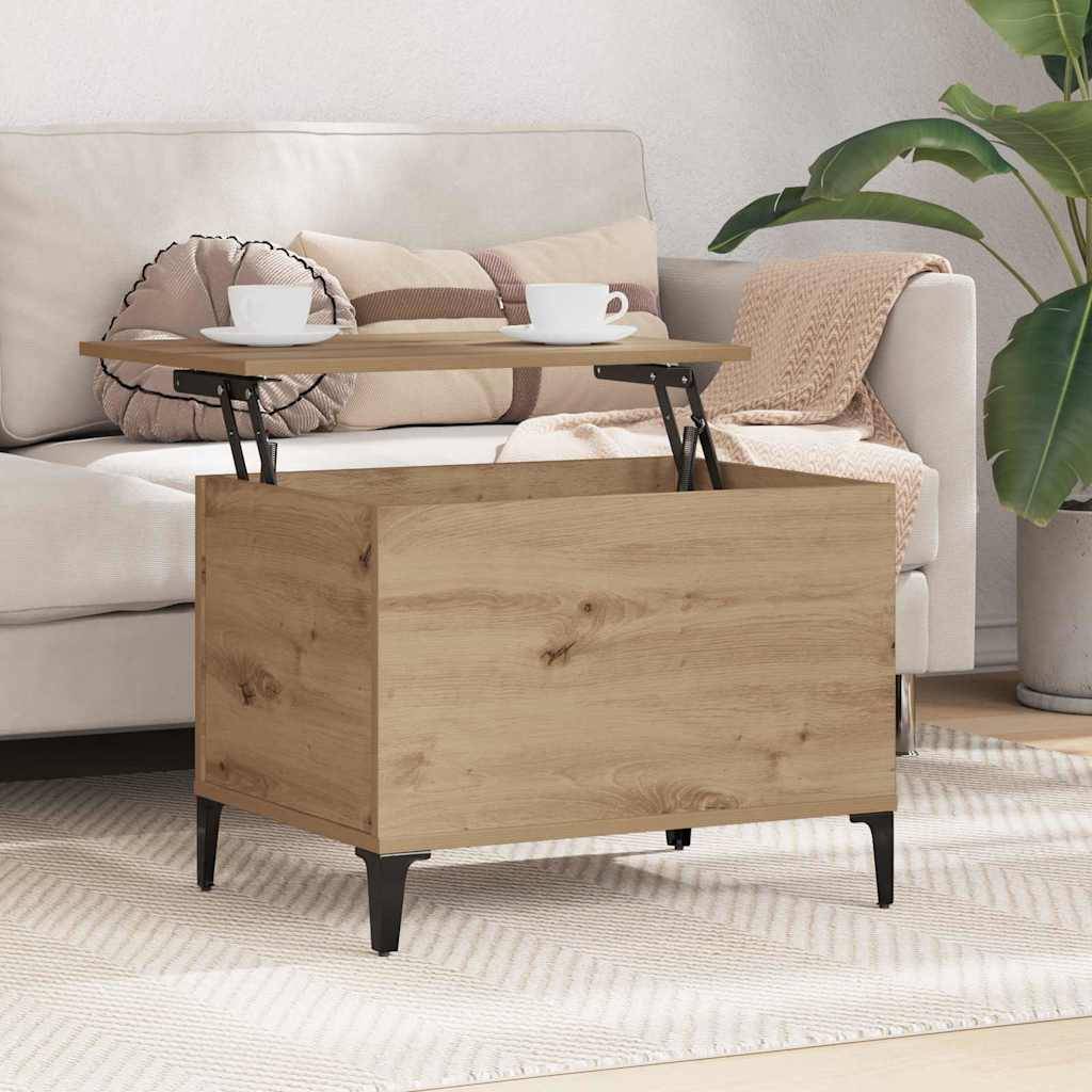 Holztisch mit Hebedeckel und offener Lagerung im Wohnzimmer, auf dem zwei Tassen stehen und der als Tabletttisch dient.