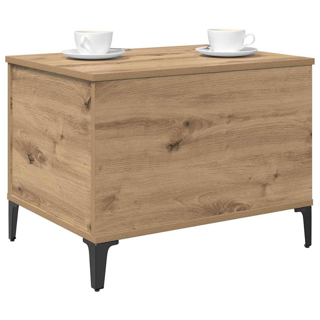 Holztruhe auf schwarzen Beinen, dargestellt als Couchtisch mit zwei weißen Teetassen oben.