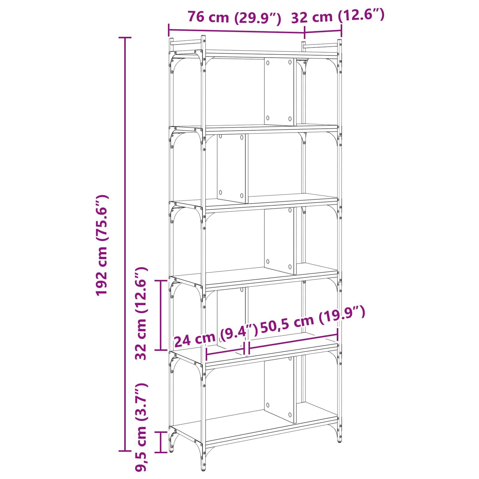 Illustration einer fünfteiligen Lagereinheit mit beschrifteten Abmessungen: 192 cm hoch, 76 cm breit, 32 cm tief, mit angegebenen Öffnungsmessungen der Regale.
