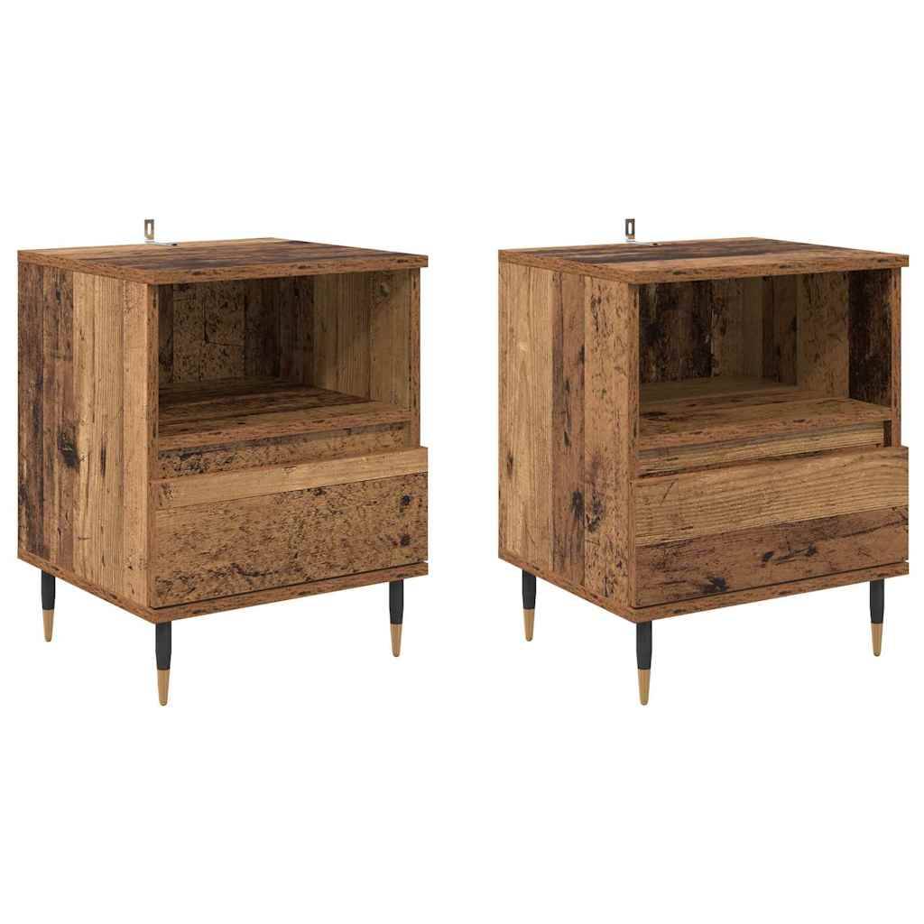 Zwei rustikale Holz-Nachttische mit einer Schublade und offenem Regal, versehen mit sich verjüngenden Beinen. Perfekt für Schlafzimmerspeicher und Dekoration.