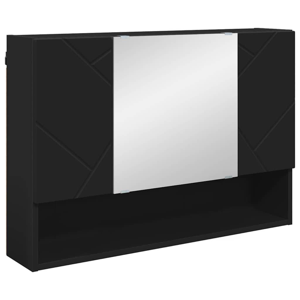 Schwarzes wandmontiertes Regal mit einem zentralen Spiegel. Das Regal verfügt über zwei Seitentüren und ein unteres offenes Fach, das Stauraum bietet.