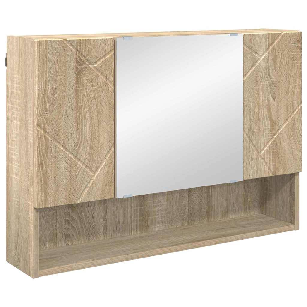 Ein Wandschrank aus Holz mit einem Spiegel in der Mitte, versehen mit geometrischen Mustern und einem offenen Regal darunter.
