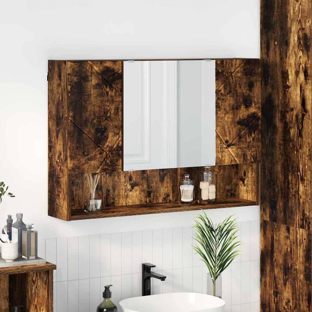 An der Wand montierter Holz-Badezimmerschrank mit einem Spiegel, zwei Ablagen mit Toilettenartikeln und einer Pflanze neben einem modernen Waschbecken.
