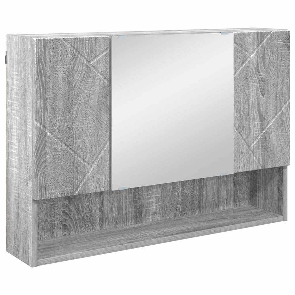 Grauer Holzwandschrank mit einem zentralen Spiegel und offenem Regal im unteren Bereich.