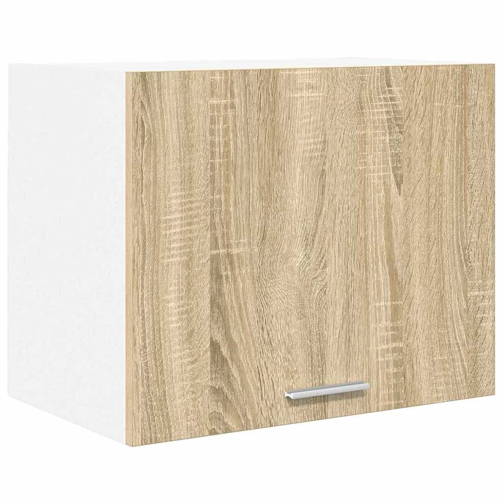 Ein Küchenwandschrank aus Holz mit hellem Eichenfinish, ausgestattet mit einer einzelnen Tür und einem Metallgriff, von vorne betrachtet.