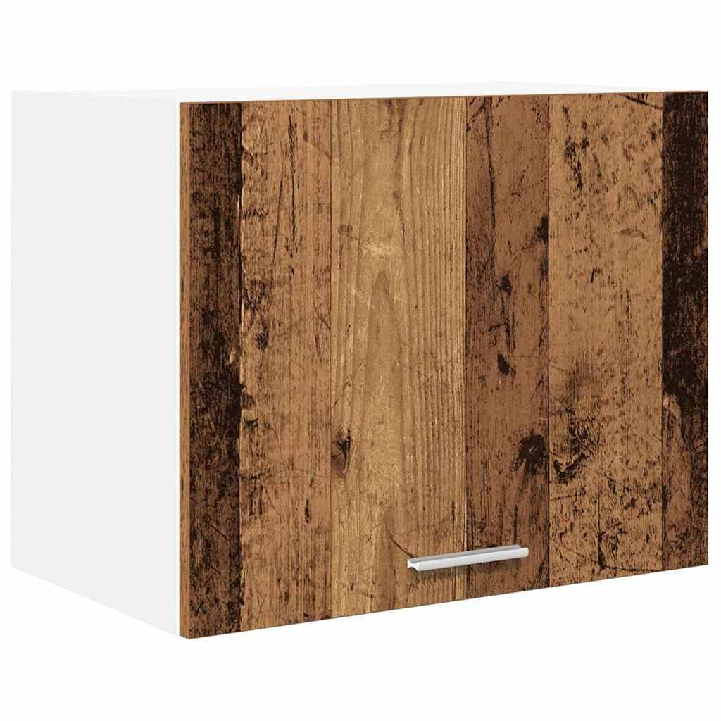 Holzschrank mit rustikaler Oberfläche und einem einzelnen Metallgriff an der Front. Die Seiten sind weiß, was einen modernen und klaren Eindruck vermittelt.