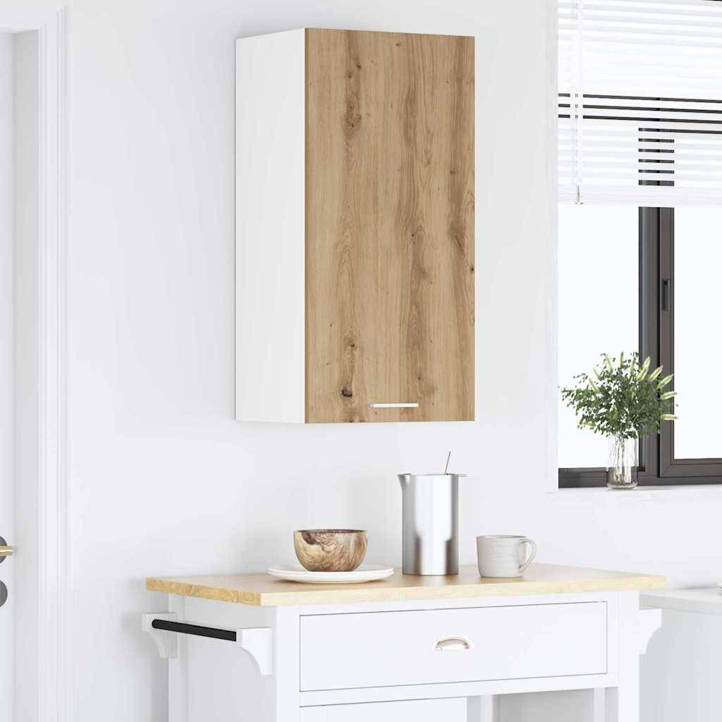 Eine weiße Küche mit einem Holzschrank, kleiner Arbeitsplatte, rundem Holzschüssel und einem Metallbehälter. Ein Fenster mit Jalousien und einer Pflanze in der Nähe.