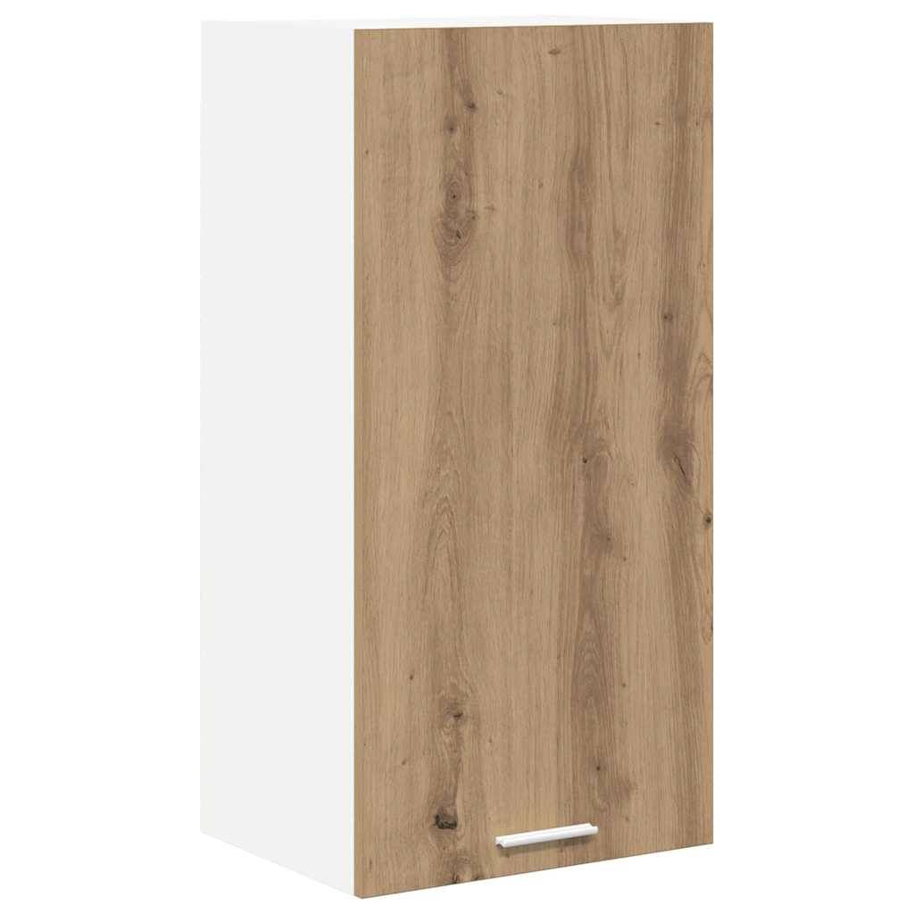 Holzküchenschrank mit weißem Rahmen, mit einer Einzeltür mit Metallgriff. Die Tür hat eine natürliche Holzmaserung.