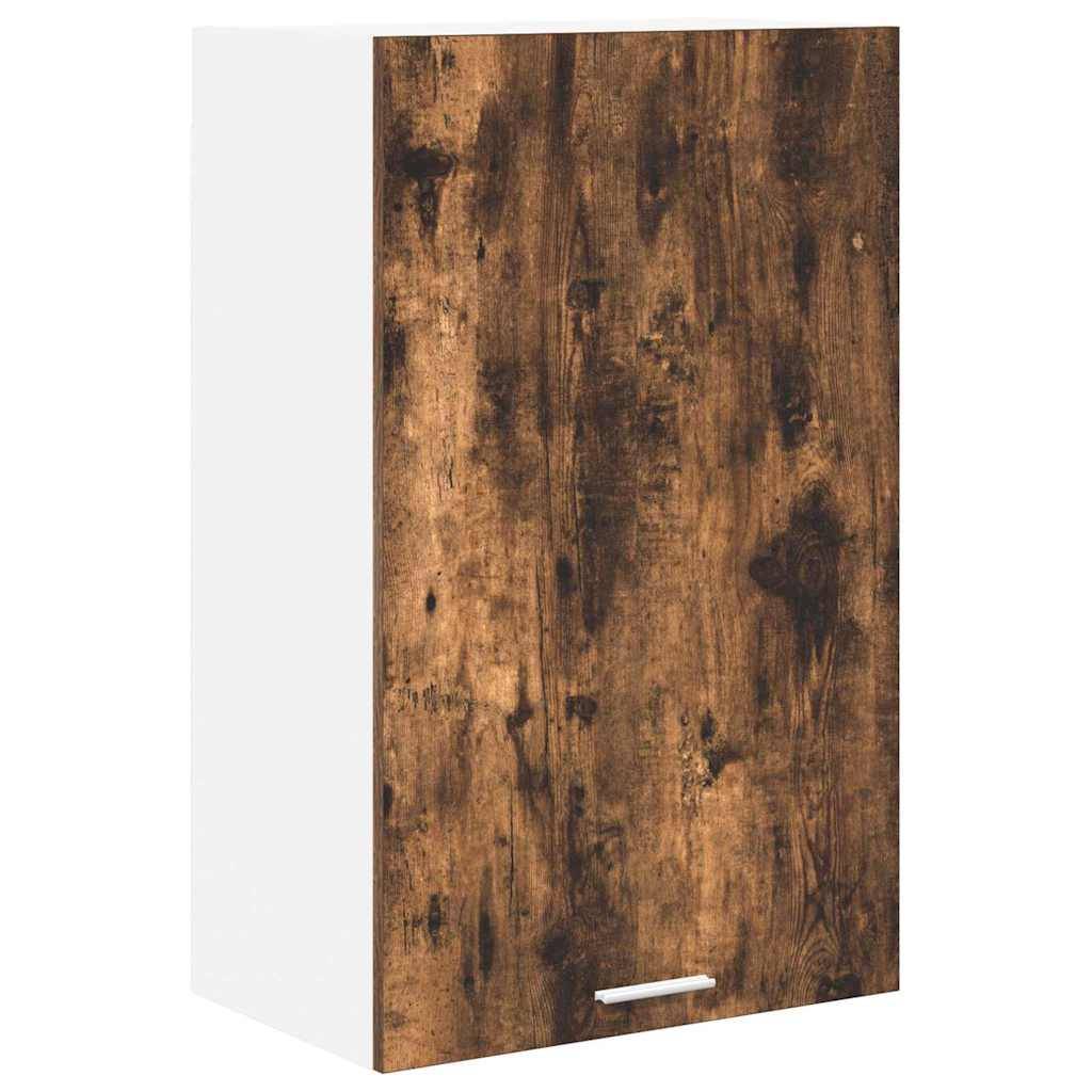 Ein Wandschrank mit weißem Rahmen und einer rustikalen Holztür mit silbernem Griff, geeignet für Küchen- oder Badezimmerspeicher.