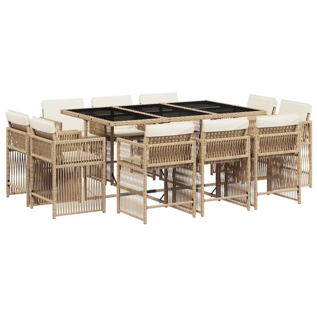vidaXL 11-tlg. Garten-Essgruppe mit Kissen Beige Poly Rattan