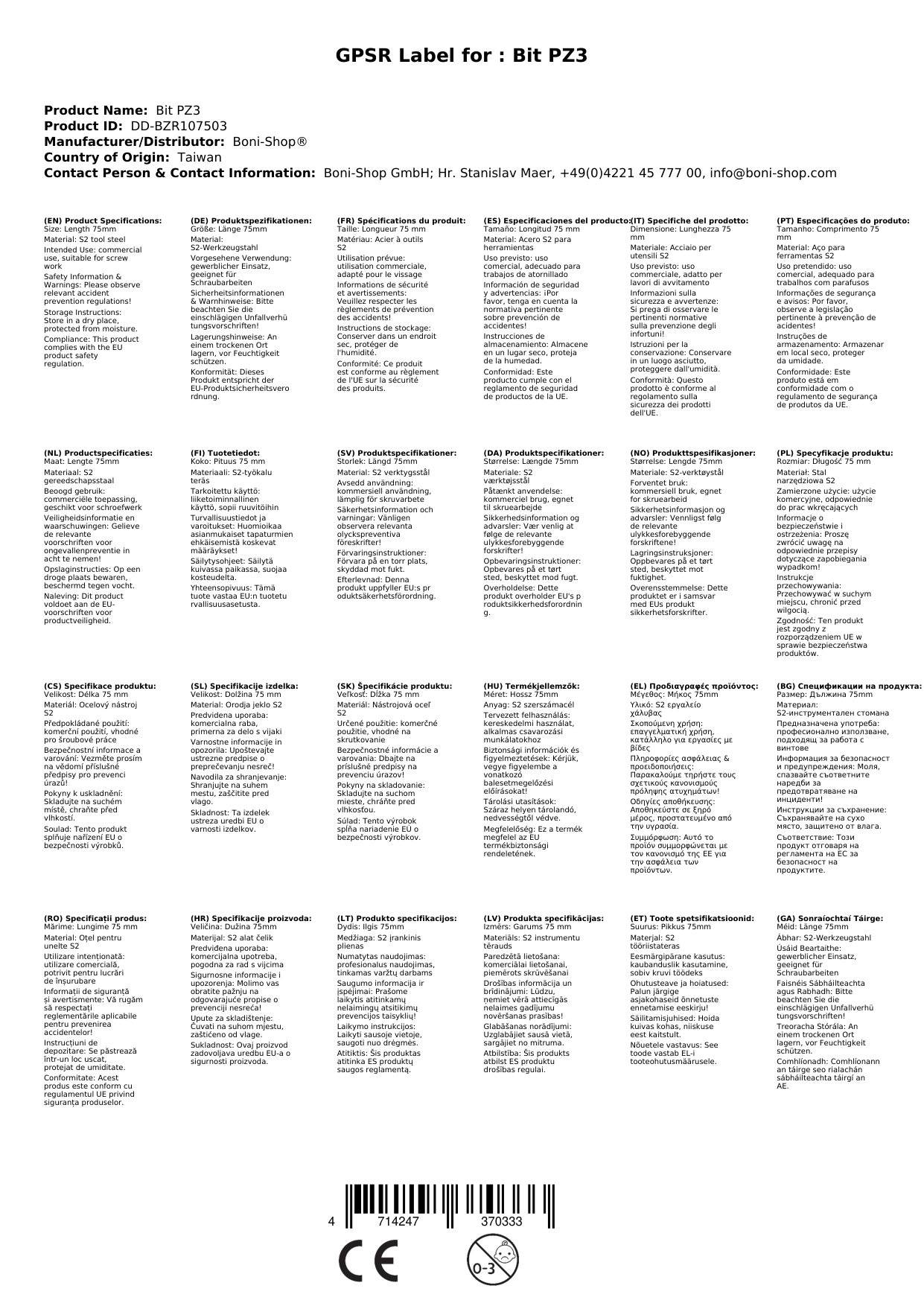 PZ3 Bit 75mm, S2 Stahl Bit, Industrie Bit