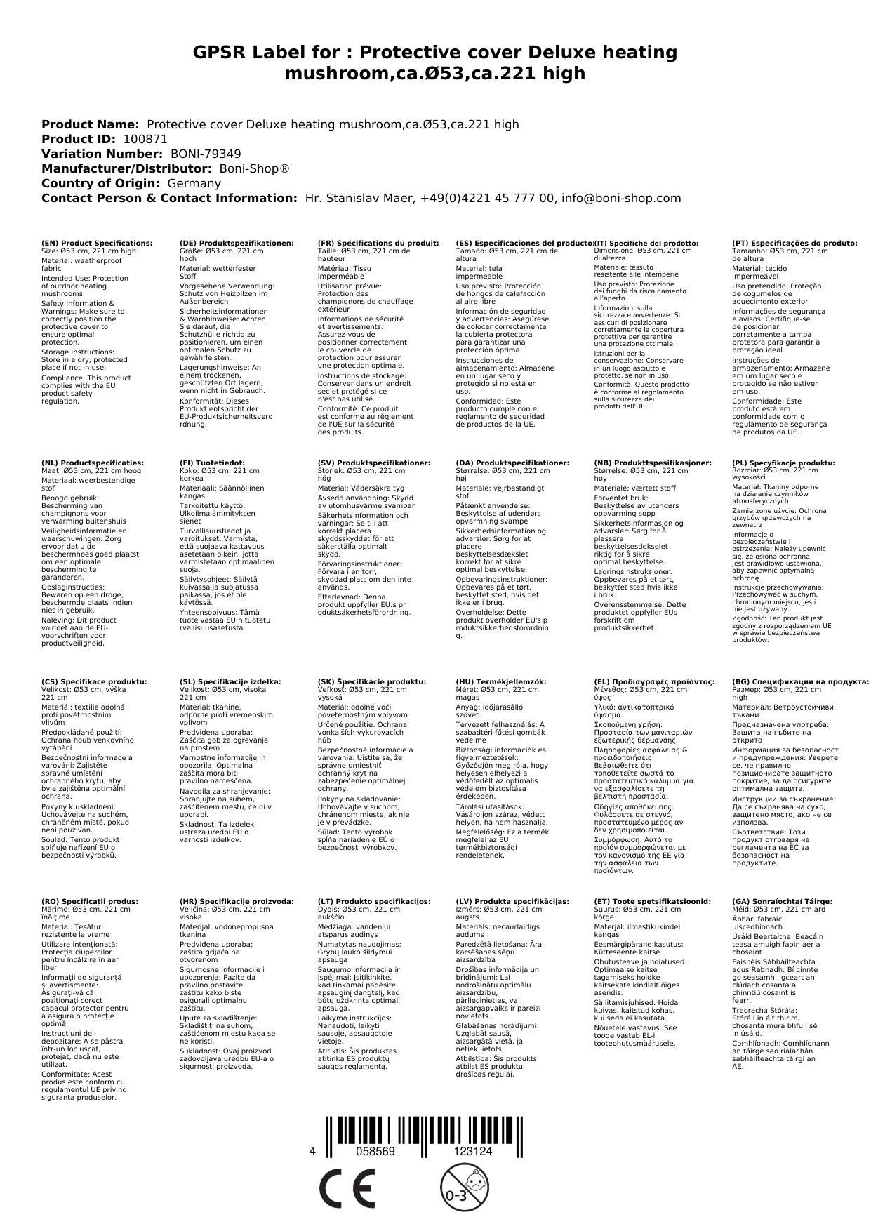 Heizpilz Schutzhülle, Abdeckhaube, wetterfest, Ø53cm, 221cm hoch