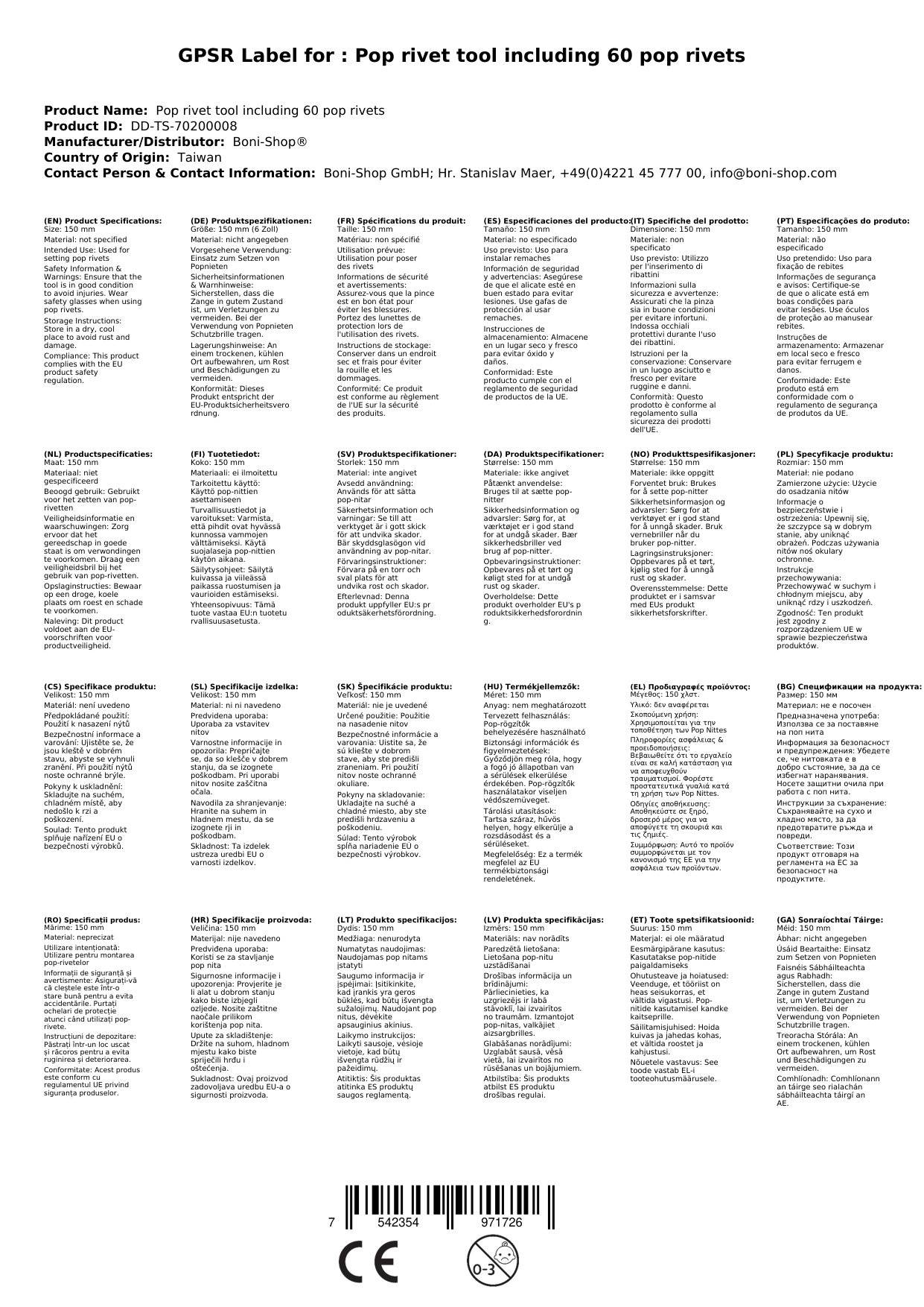 Popnietenzange, Nietenzange, Blindnietzange, 60 Popnieten