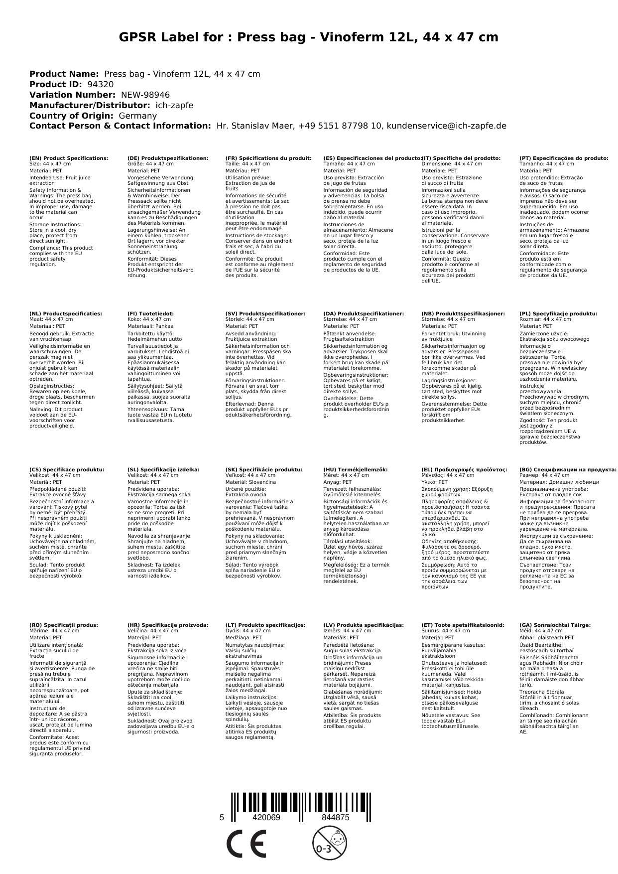 Presssack - Vinoferm 12L, 44 x 47 cm