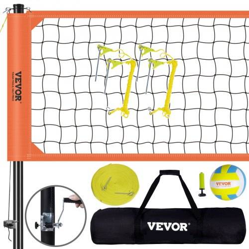 VEVOR Volleyballnetz Höhenverstellbares Volleyballnetz Set, 9,7 x 2,4 m Tragbarer Beachvolleyball-Netz, Orange Volleyballnetz Faltbare