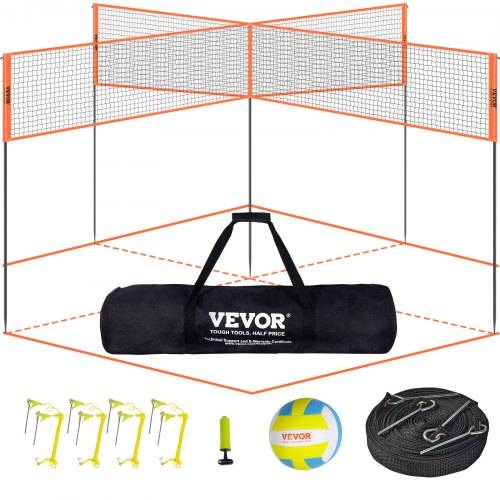 VEVOR Volleyballnetz Höhenverstellbares Volleyballnetz Set, 4,3 x 2,2 m Tragbarer Beachvolleyball-Netz, Orange Volleyballnetz Faltbare