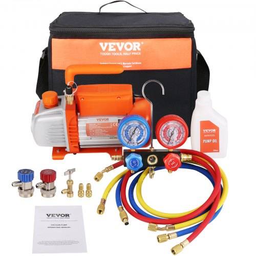 VEVOR Vakuumpumpe 100L/min Unterdruckpumpe 1-stufig 220V/50HZ 1440U/min 800-4000PSI (55-276bar) 250ml-_lkapazität Vakuumgeräte Verteiler-Manometer-S