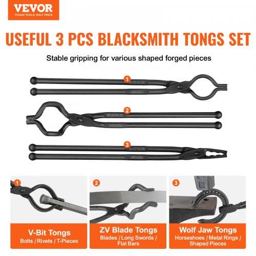 VEVOR Schmiedezange-Set, V-Bit, Wolf, ZV-Zange 3 Stk. Kohlenstoffstahl Schmiedezange, 461 x 68 x 18 mm / 458 x 38 x 19 mm / 463 x 78 x 52,3 mm