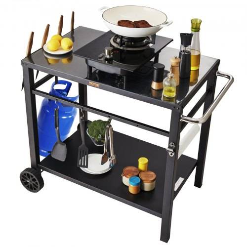 VEVOR Servierwagen Küchenwagen 100 x 64 x 83,5 cm Outdoor-Grill-Esswagen mit Doppelter Ablage, Beweglicher Grilltisch für die Zubereitung von Speise