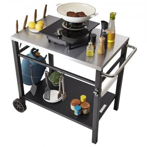VEVOR Servierwagen Küchenwagen 100 x 64 x 83,5 cm Outdoor-Grill-Esswagen mit Doppelter Ablage, Beweglicher Grilltisch für die Zubereitung von Speise