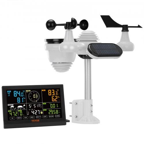 VEVOR 7-in-1 Wetterstation Funkwetterstation mit Au_ensensor 190,5 mm (7.5-inch) Farbdisplay RCC-Atomuhr zur Messung von Windrichtung