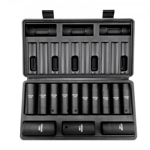 VEVOR Profi Steckschlüsselsatz CR-V-legierter Stahl 13-tlg Steckschlüssel Satz 10-24 mm Tiefe Stecknüsse Schlagschrauber, HRC 42-48 Steckschlüssel