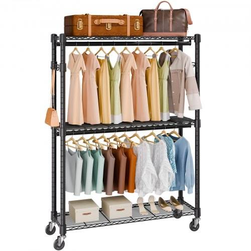 VEVOR 3-lagiger Rollbarer Kleiderständer Garderobenständer Kleiderstangen, 204 cm Höhe Stahl Kleiderständer 182 kg Belastbar, Strapazierfähig St