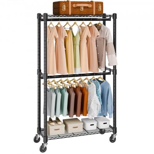 VEVOR Rollbarer Kleiderständer Garderobenständer 1 Kleiderstange, 2-lagig, 136 kg Belastbar Strapazierfähiger Rollbarer Kleiderständer für Schlaf